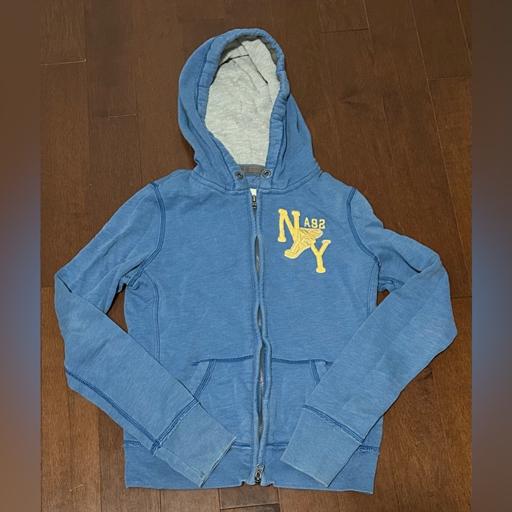 Vintage Abercrombie Kids Blue Zip-Up Hoodie with Yellow NY Design
